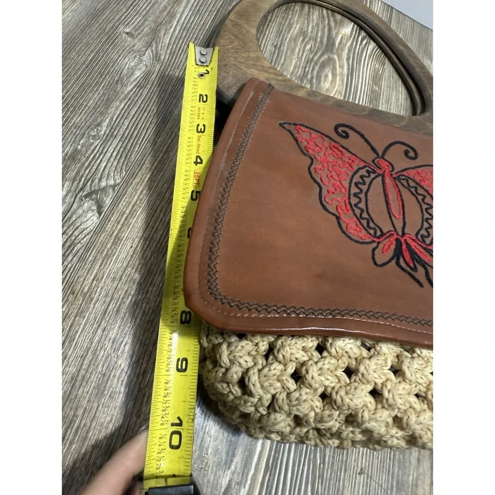 Vintage Boho Macrame Handbag Butterfly Embroidered‎ Wood Handle Brown Tan Bag